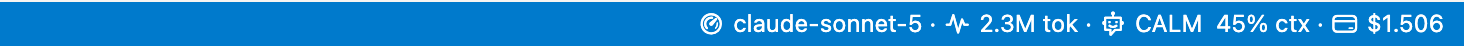 The Claude segment with the model name and severity tag turned on, in front of tokens, context percentage, and cost