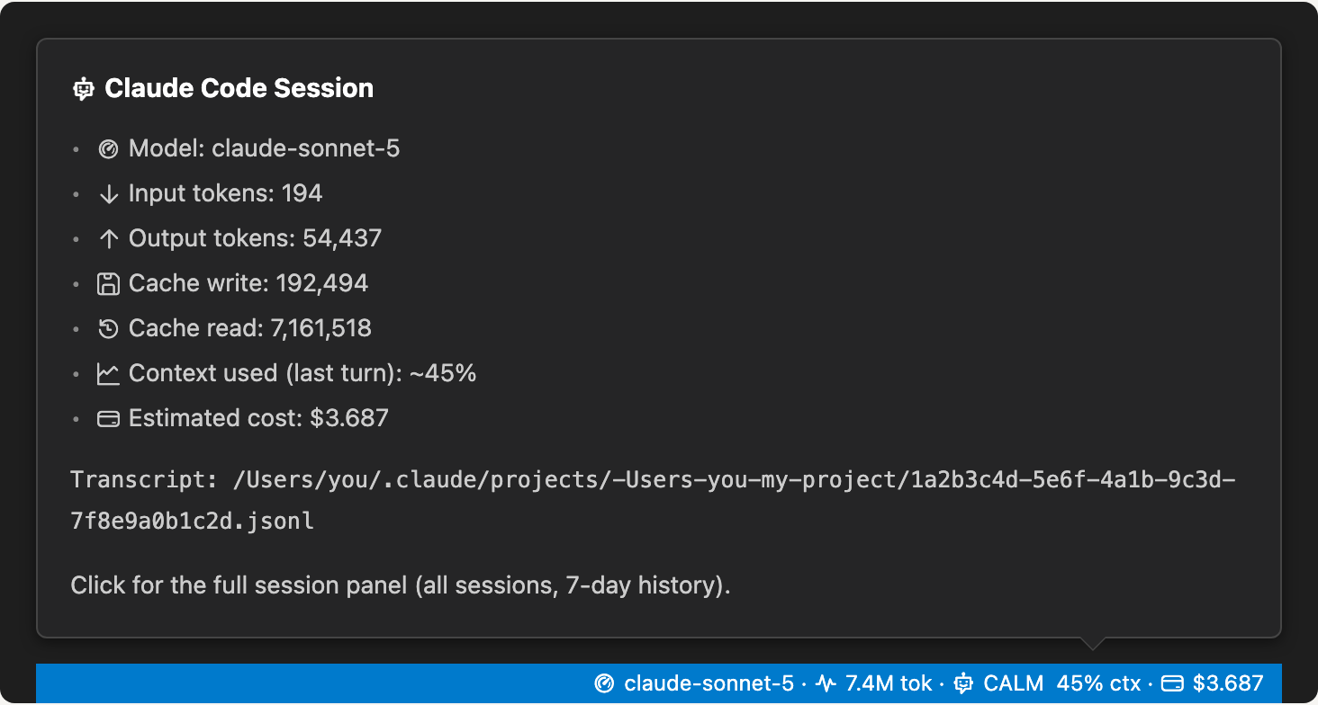 Tooltip shown when hovering over the Claude segment, with a per-category token breakdown and the transcript path